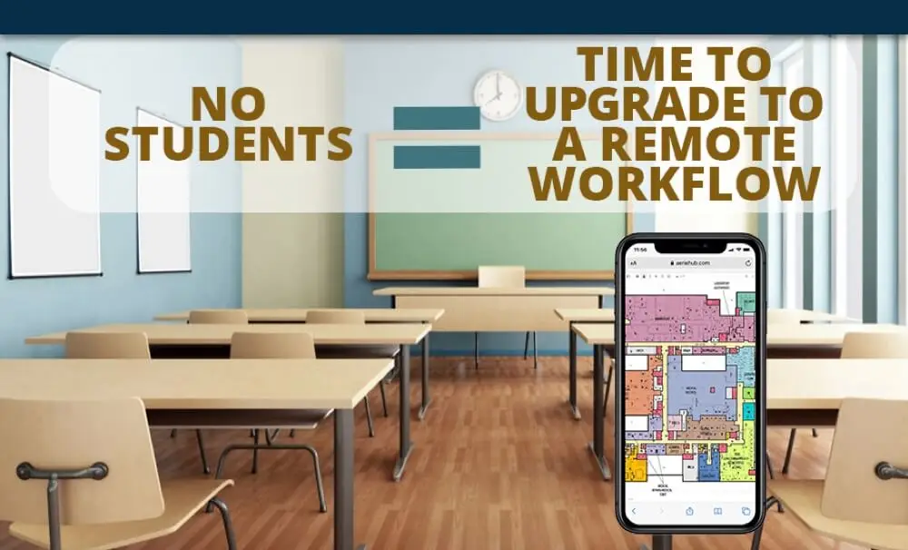 an image of a classroom in the background and text in the foreground that reads no students equals time to upgrade to a remote workflow