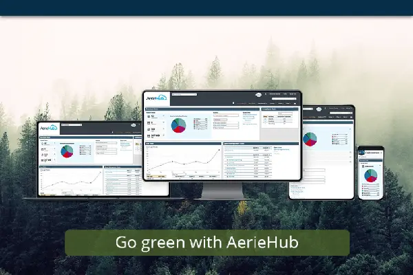 an image of a forest in the background and screenshots of aeriehub's solution displayed on various devices in the forefront
