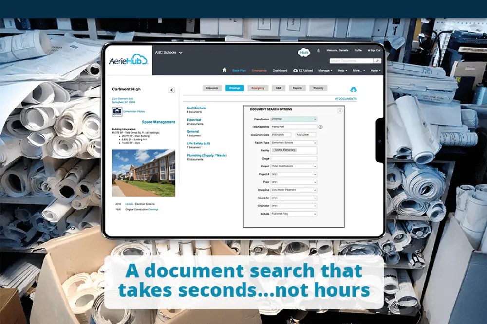 a screenshot of AerieHub's solution with the text A document search that takes seconds...not hours