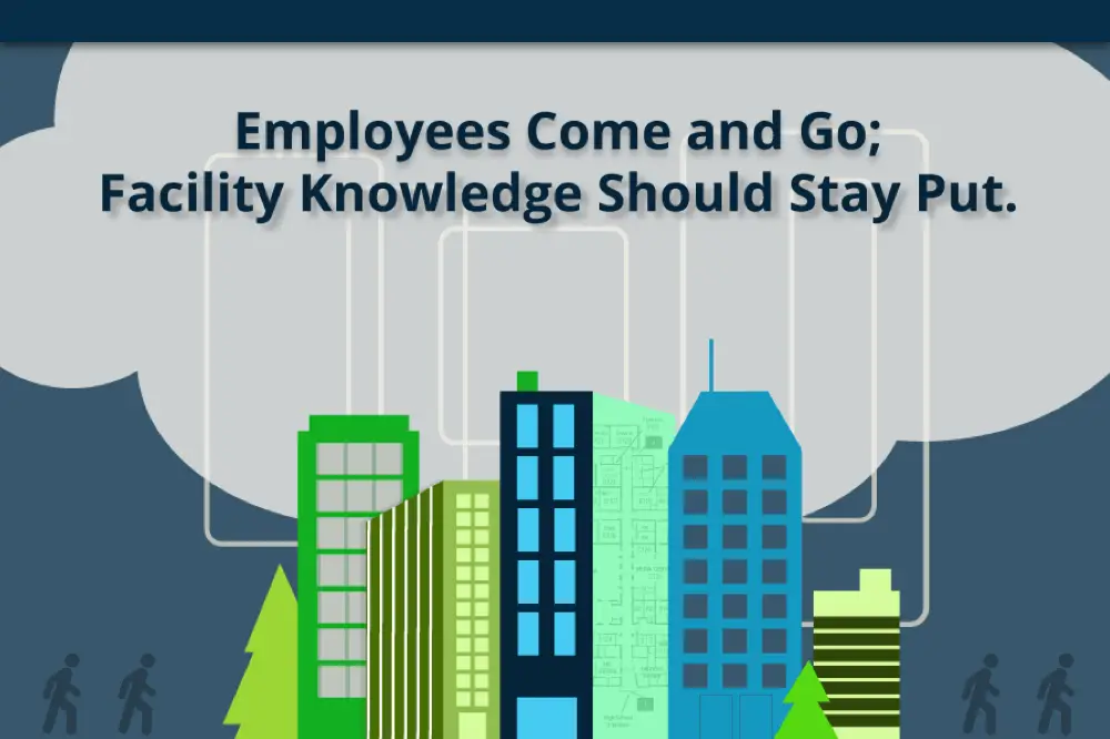 a graphic of modern buildings with text employees come and go, utility knowledge should stay put