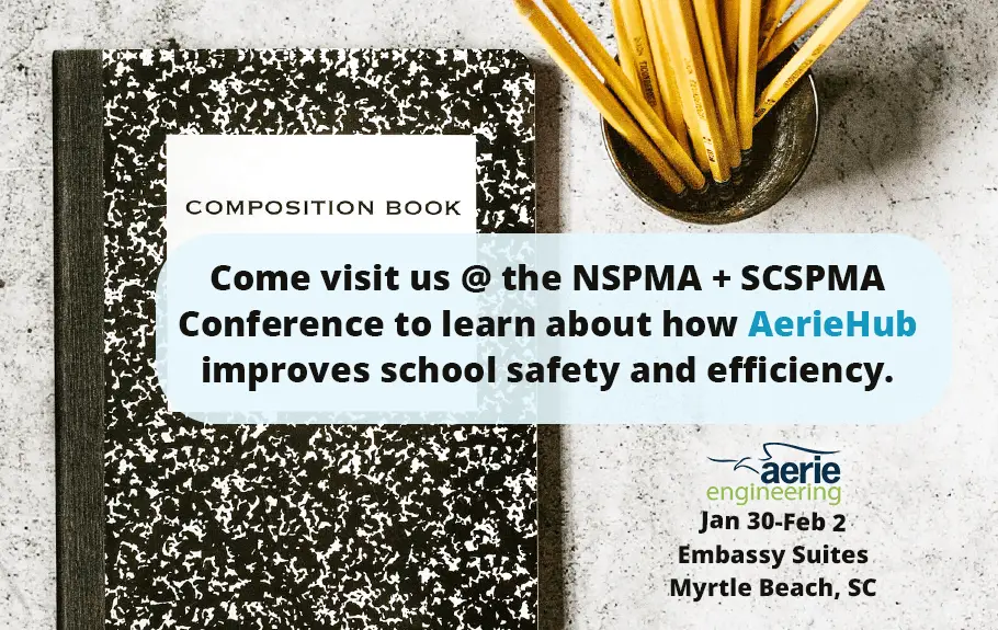 a banner promoting AerieHub's participation in South Carolina School Plant Management Conference and Trade Show