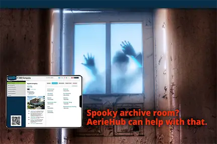 an image of a mysterious door with a shadow behind it in the background and a screenshot of AerieHub's solution in the front