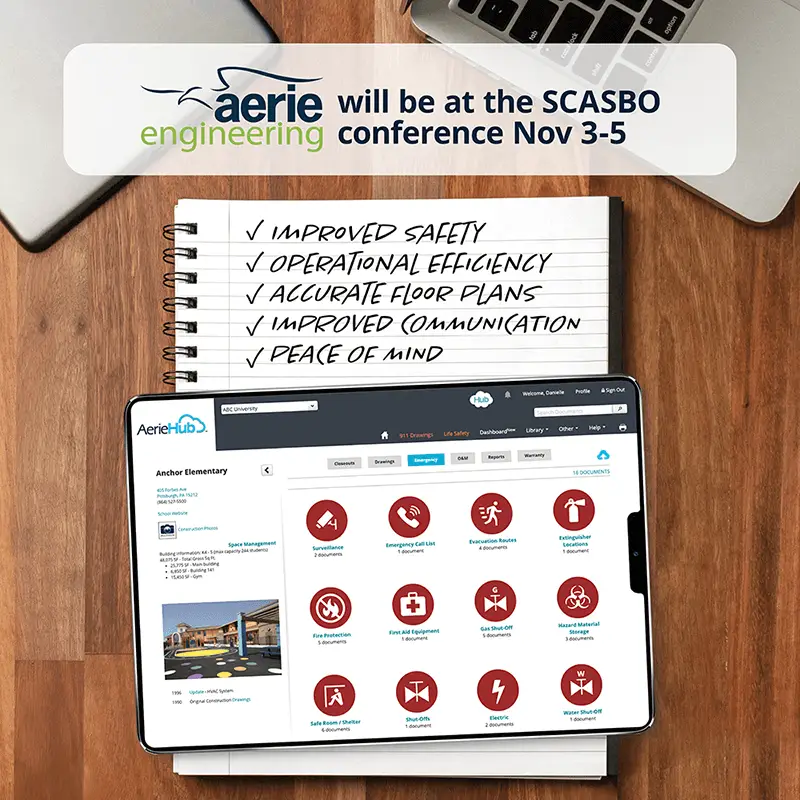 a banner promoting Aerie Engineering's participation in South Carolina School Plant Management Conference and Trade Show
