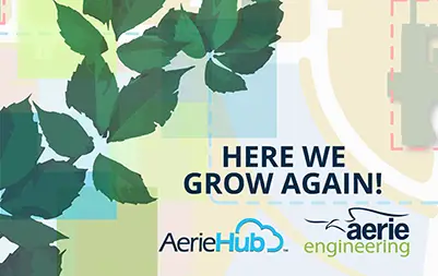 logos of AerieHub and Aerie Engineering on a modern background and text Here We Grow Again