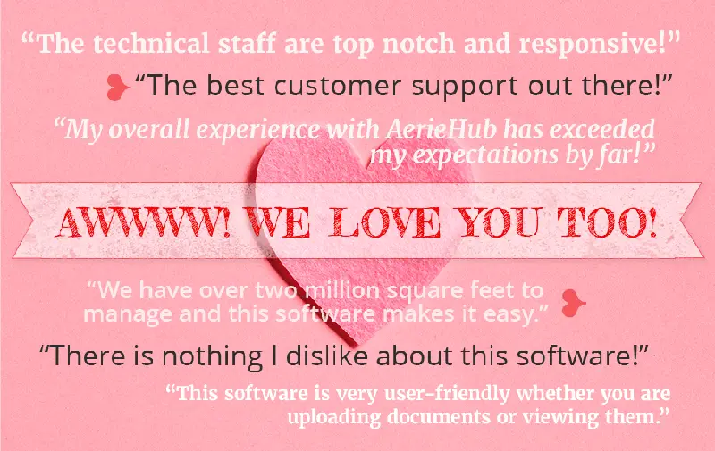 a Valentine's Day style card with extracts of testimonials about AerieHub