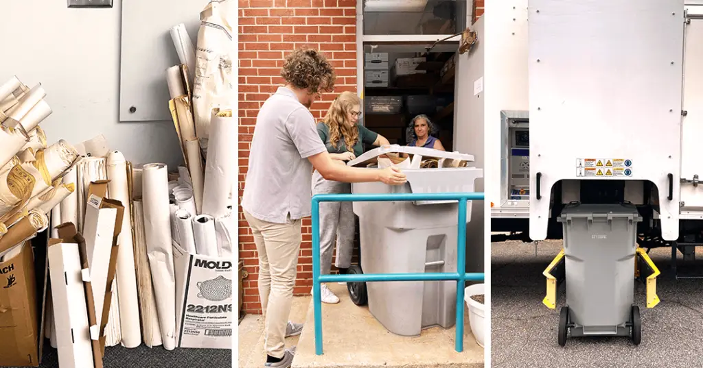 an image of three women removing a trash bin from the back entrance of a facility