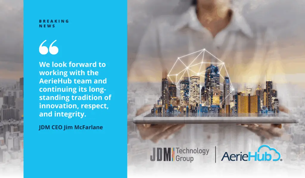 logos of JDM Technology Group and AerieHub on the tech, modern background