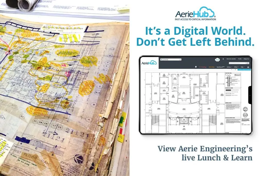 an image of a stack of old documents on one side and AerieHub's solution captured in an ipad display on the other side