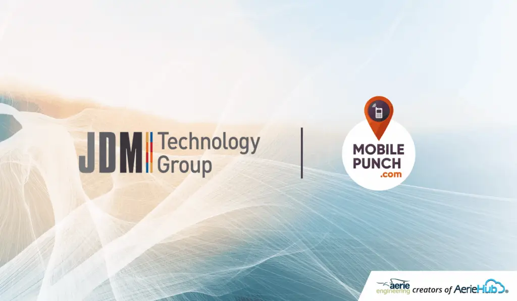 logos of JDM Technology Group and MobilePunch on a modern background