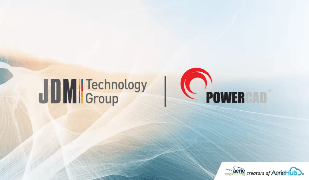logos of JDM Technology Group and PowerCad on a modern background