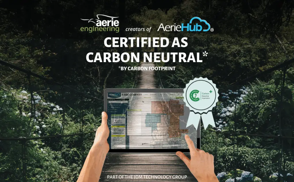 banner of a person holding a tablet in nature and certified as carbon neutral text on the banner