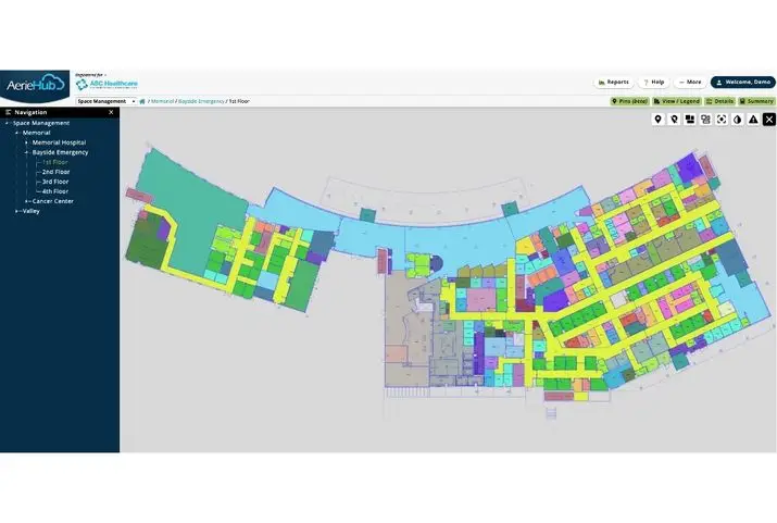 A screenshot of AerieHub software A computer screen displaying a detailed floor plan of a building