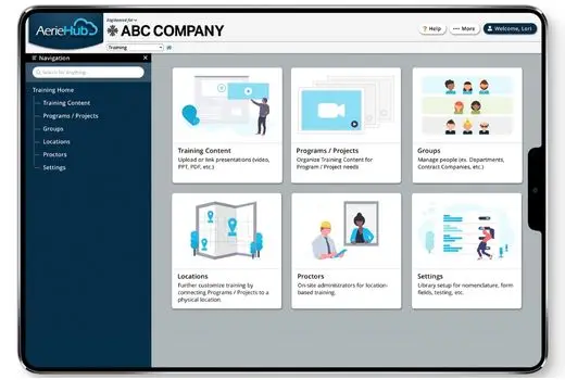 Aeriehub's training software dashboard displayed on a tablet