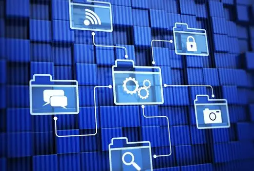 A blue background featuring various icons arranged in a visually appealing layout